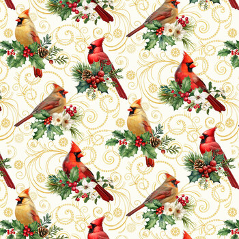 Santa & Friends 3799-44 Cream Cardinals by Color Principle for Henry Glass Fabrics