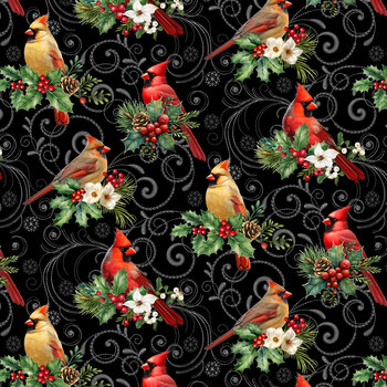 Santa & Friends 3799-99 Black Cardinals by Color Principle for Henry Glass Fabrics