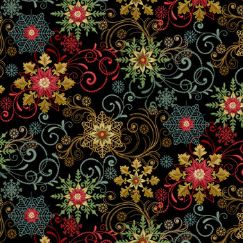 Santa & Friends 3800-99 Black Multi Snowflake Multi by Color Principle for Henry Glass Fabrics