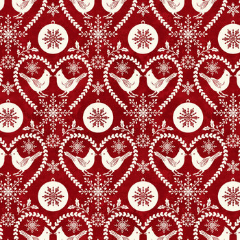 Santa & Friends 3804-48 Cream Red Hearts and Cardinals by Color Principle for Henry Glass Fabrics