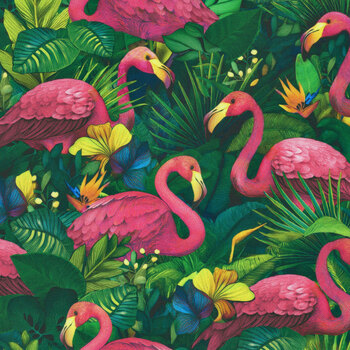 Paradise Found NATURE-CD4557 MULTI Flamingos on Tropical Leaves by Timeless Treasures