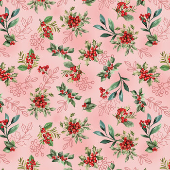 Heartfelt Christmas 15602-21 Berries & Sprigs Pink by Nicole DeCamp for Benartex