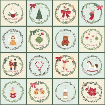 Merry Market MAS11510-EQ Running Blocks Panel Cream/Aqua by Kimberbell for Maywood Studio