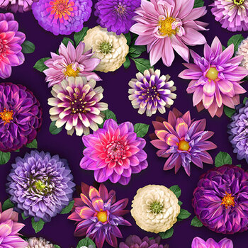 Tina's View Y5284-45 Eggplant Dahlias and Zinnias by Tina Leto for Clothworks