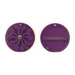 A purple, circular object featuring a floral design on one side and a smooth surface with a slit on the other side.