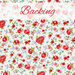 A floral pattern featuring red, pink, and blue flowers on a white background, with the word Backing written in red at the top.