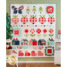 A colorful quilt hanging on a wall features various patchwork designs, including butterflies, trees, strawberries, flowers, and houses, in a combination of red, blue, green, and white fabrics. The quilt has a cheerful, whimsical aesthetic, with bold patterns and vibrant colors.