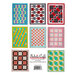 A grid layout showcasing eight different quilt patterns in various colors and designs, each framed within a rectangular border. The quilts feature a mix of geometric shapes and color combinations