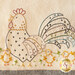 A decorative embroidery of a rooster with colorful feathers, surrounded by three small chicks, on a light fabric background. The design features various stitching techniques and decorative flowers at the base.