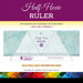 Image of a quilting ruler titled Half-Hexie Ruler with a light blue and white marbled background. The ruler features two triangular shapes and text indicating its purpose for making half hexagon cuts and its compatibility with jelly rolls. Text at the bottom mentions Jelly Roll Quilt Pattern Included and credits the designers.