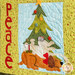 A quilted design featuring the word Peace in red letters alongside a decorated Christmas tree. The tree has three animal figures: a cat and two dogs, with one dog lying at the base. The animals are adorned with colorful buttons, and the background is a light blue sky.