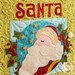 A patchwork design featuring a jolly Santa Claus surrounded by stars and buttons, with the word Santa at the top. The background is a light green with a quilted texture.