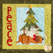 A patchwork design featuring a green and yellow background with the word Peace in red letters. In the center, there is a Christmas tree adorned with buttons and a star on top. Two playful dogs, one white and one brown, are shown interacting playfully at the base of the tree.