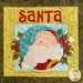 A colorful quilted design featuring a jolly Santa Claus surrounded by stars and holly, with the word SANTA prominently displayed at the top in bold, red letters.