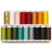 A variety of sewing threads in different colors are arranged in a grid. The top row features gold, white, light pink, red, orange, and yellow threads. The bottom row includes shades of green, teal, gray, black, and brown. Each thread spool is labeled with its brand and color number.