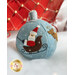 A round blue felt ornament featuring a festive design of Santa Claus in a sleigh and a reindeer, with white snowflakes scattered around. The ornament has a small, gray top for hanging.