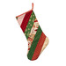 A festive Christmas stocking featuring a patchwork design with red, green, and cream colors, decorated with patterns like polka dots and snowflakes.