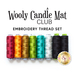 8 threads in the Wooly Candle Mat Club Embroidery Thread Set arranged in a row, ranging from red, to orange, brown, green, teal, white, and black