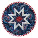 Round navy blue hot pad featuring a central star and firework motifs with red and white border.