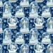 A repeating pattern of Father Christmas inside small snow globes featuring winter scenes with a wolf, and polar bear on a blue background with snowflakes.