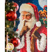 Wall hanging featuring Santa holding a bag of gifts and winking with a finger over his mouth.