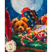 A cute teddy bear wearing a colorful outfit sits among wrapped gifts and holiday decorations, with a bright moon in the background.