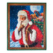 Wall hanging featuring Santa holding a bag of gifts and winking with a finger over his mouth.