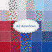 A collage of various fabric patterns in red, white, and blue colors, featuring stars, stripes, lobsters, and checkered designs. The center includes the text All American in a decorative white oval.