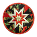 Round black hot pad with central folded star, featuring cardinals and holly.