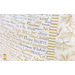 Close-up of white pillowcase words.