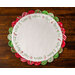 White Scalloped Table Topper with red and green scallops featuring Christmas themed embroidery.