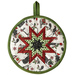 Round hot pad made with white fabric featuring farm animals wearing winter holiday clothes.