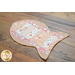 Fish shaped cat pet placemat made of strips of pink and cream cat themed fabrics.
