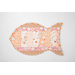 Fish shaped cat pet placemat made of strips of pink and cream cat themed fabrics.