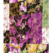 Quilt with patchwork design made of purple, yellow, teal, and black fabrics featuring florals, fish, and butterflies.