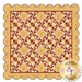 Colorful quilt design with a scalloped border, featuring geometric patterns in beige, red, and floral motifs.