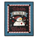 Wall hanging made of wool with blue border and snowman with the phrase 