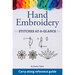 The front of the Hand Embroidery Stitches At-a-Glance Book with rainbow embroidery thread across the top and the title in blue and some embroidery stitch examples.