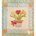 Quilt block featuring a flower pot with 3 flowers, 2 yellow and one red.