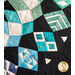 Geometric patterns in green and blue, on black fabric.