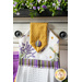 Hanging towel with floral printed fabrics in white, gold, and purple.