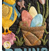 Wall hanging featuring a bird with scarf and hat next to a basket of colored eggs on black with the phrase 