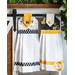 Hanging towel made of white bee themed fabrics with black and yellow accents next to matching towel in black.