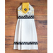 Hanging towel made of white bee themed fabrics with black and yellow accents.