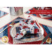 Placemats made of strips of patriotic printed red, white, and blue strips of fabric in a diamond design.