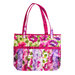 Tote bag made of strips of bright colorful floral printed fabrics in a watercolor style.