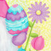 A colorful Easter egg in shades of blue, pink, and purple is surrounded by a pink flower and two pink tulips, set against a light yellow background with leaf patterns.