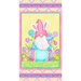 Panel of a gnome sitting on an Easter egg, surrounded by smaller eggs, flowers, plaid, stripes, and words all in spring colors