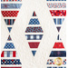 White quilt with diamonds made of strips of red white and blue patriotic fabrics.