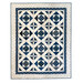 Quilt with geometric designs of squares and diamonds in blue and cream fabrics.